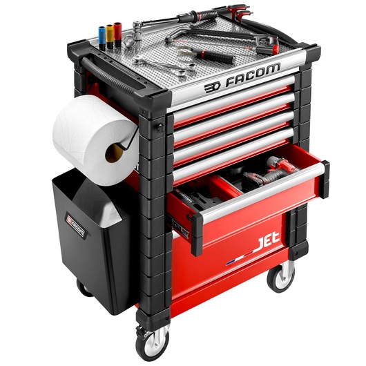 Facom JET_A5-3GXL tool trolley with drawers, tools, waste bin, and paper roll, front angle photo.