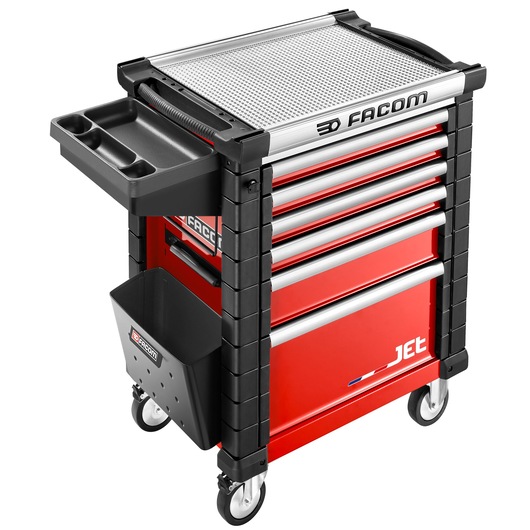 Facom JET_A5GXL red and black rolling tool cabinet with seven drawers, side tray, and side bin, front angle.