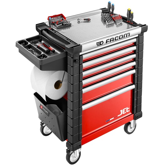 Facom JET_A5GXL red tool storage cabinet with drawers, side trays, and mounted tools, front angle.