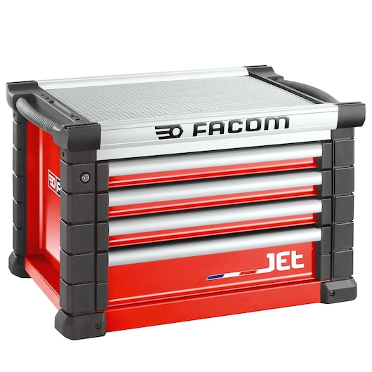 Facom JET.C4M3A red and silver tool chest with four drawers, photographed from front-left angle.