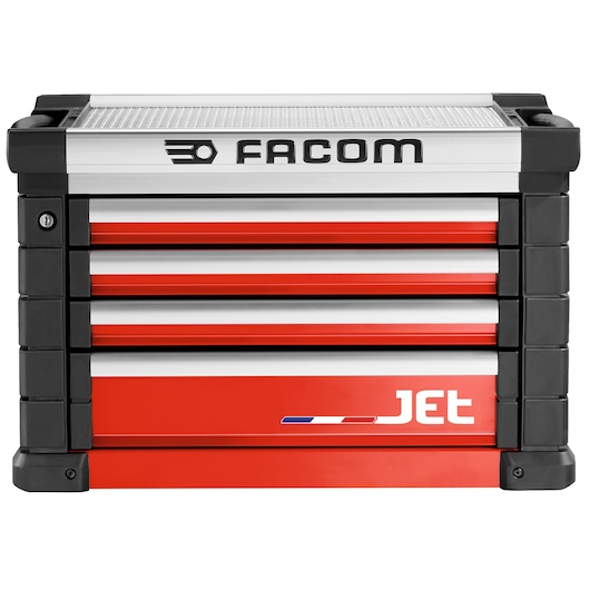 Facom JET.C4M3A red and silver tool chest with four drawers, front angle, white background.