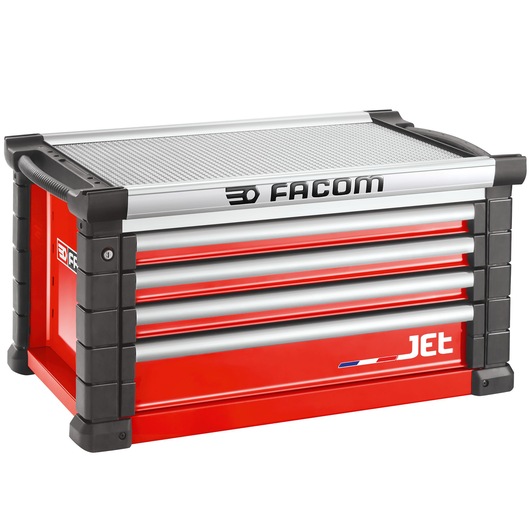 Facom JET.C4M4A red and silver tool chest with four drawers, photographed at an angle on white background.