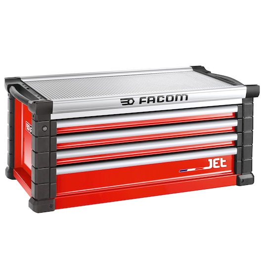 Facom JET.C4M5A red and silver tool chest with four drawers, side handles, photography, front angle.