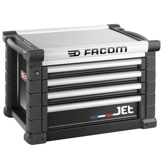 Facom JET.C4NM3A black and silver tool chest with four drawers, angled front view, white background.