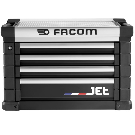 Front angle photo of Facom JET.C4NM3A black and silver tool chest with three drawers and Jet logo.