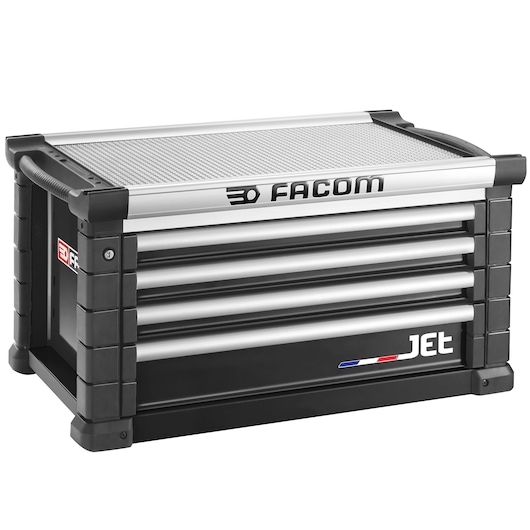 Facom JET.C4NM4A black and silver tool chest with four drawers, photographed at an angle on a white background.