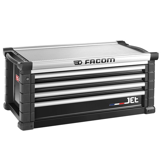 Facom JET.C4NM5A black and silver tool chest with four drawers, front angle on white background.