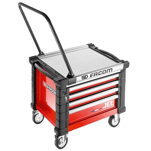 Facom JET.CR4M3A red and black tool trolley with four drawers, handle, and caster wheels, angled view.