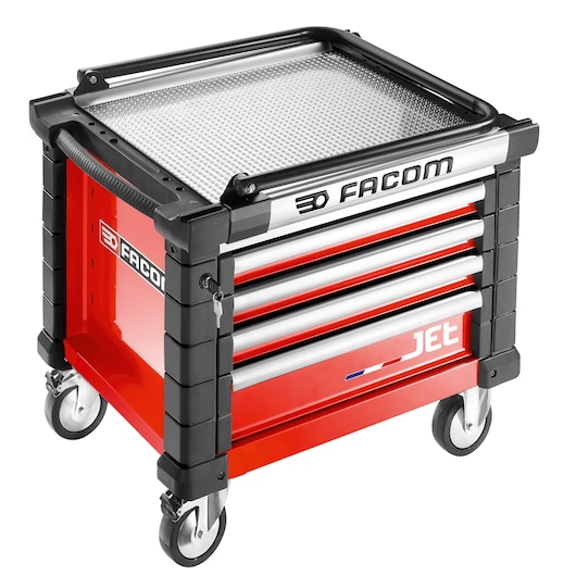Facom JET.CR4M3A photography of red and black mobile tool chest with four drawers, angled view on white.