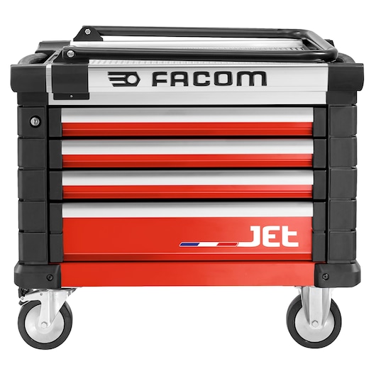 Facom JET.CR4M3A red and black rolling tool cabinet with four drawers, front angle, white background.