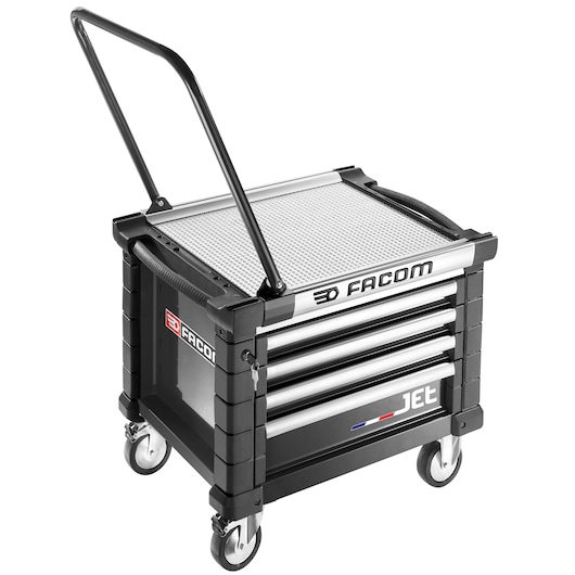 Facom JET.CR4NM3A rolling tool chest with four drawers, silver and black, side handle, front angle photo.