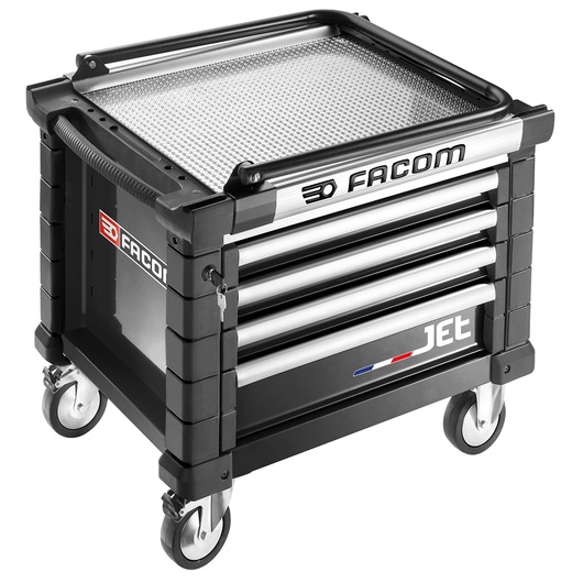 Facom JET.CR4NM3A rolling tool chest with four drawers, black and silver, angled view on white.
