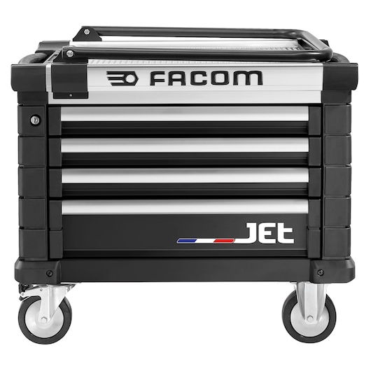 Facom JET.CR4NM3A rolling tool cabinet with four drawers, front angle, black and silver finish.