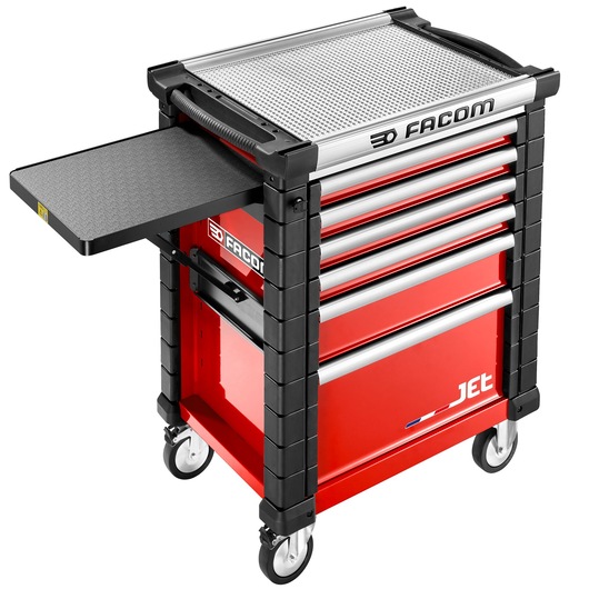 Facom JET.LA16 red tool trolley with multiple drawers, side tray, and caster wheels, front angle photo.