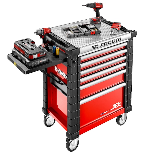 Facom JET.LA16 red and black tool trolley with drawers, tools, and accessories, front angle, white background.