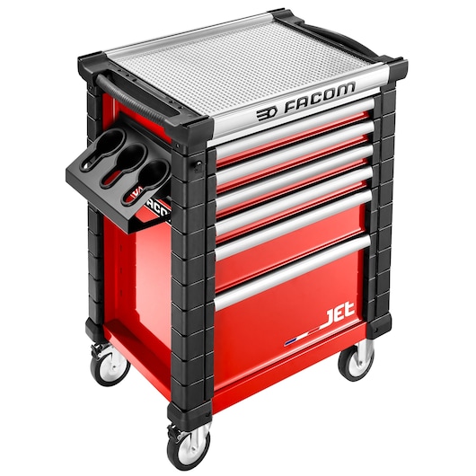 Facom JET.LA19 red and black tool cabinet on wheels with six drawers and side tool holders, angled view.