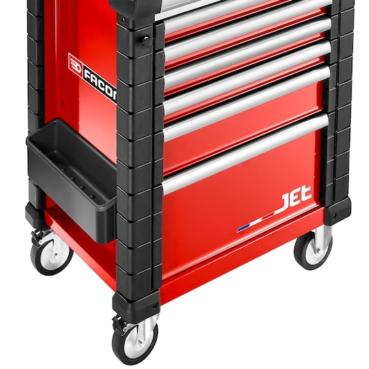 Facom JET.LA1 red tool cabinet with multiple drawers, side tray, and caster wheels, front angle.