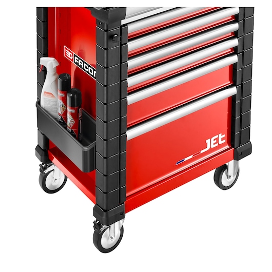Facom JET.LA1 red tool cabinet with silver drawers and side storage tray, photo from front left angle.
