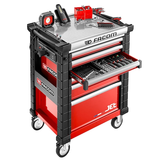 Facom JET.LA20 red and black tool trolley with open drawer displaying assorted hand tools, side and front view.