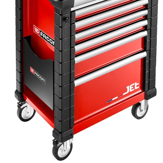 Facom JET.LA2 red tool cabinet with multiple silver drawers, side storage, and caster wheels, front angle.