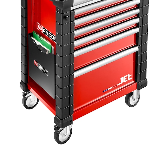 Facom JET.LA2 red tool trolley with drawers and side document holder, front angle photo.