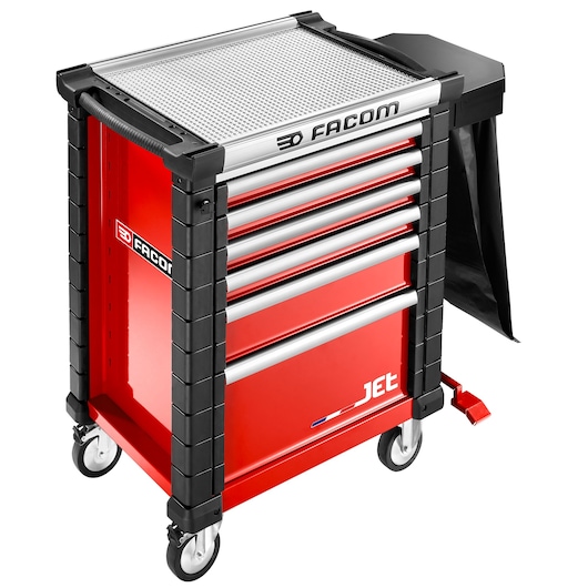 Facom red tool cabinet with five drawers, side bin, wheels, angled view, JET.LA5-2P model.