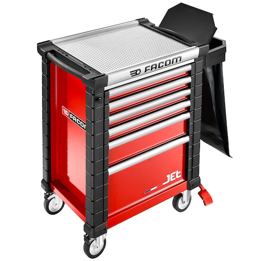 Photo of Facom JET.LA5-2P red tool cabinet with five drawers, side bin, and four wheels, angled view on white background.