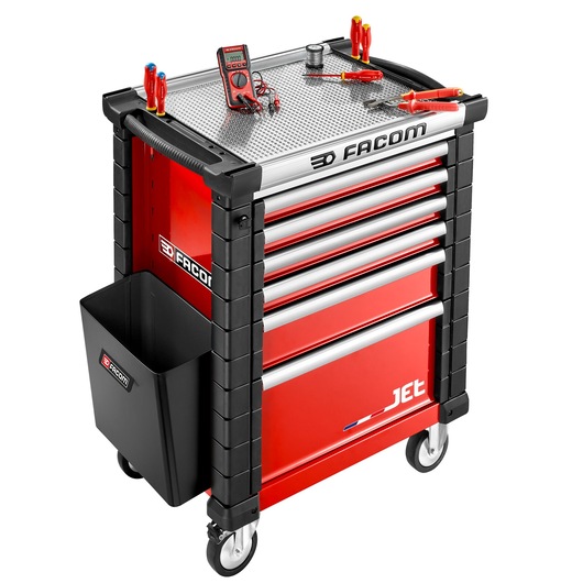 Facom JET.LA5-2 red tool trolley with drawers, tools on top, side bin, angled view on white background.
