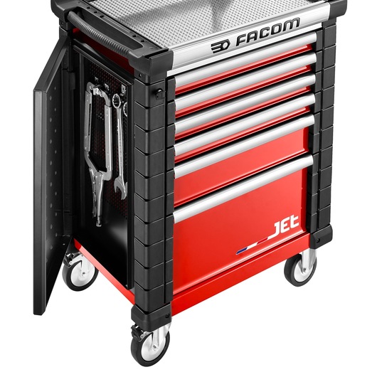 Facom JET.LA8 red and black rolling tool cabinet with six drawers and open side storage showing hanging tools, front angle.
