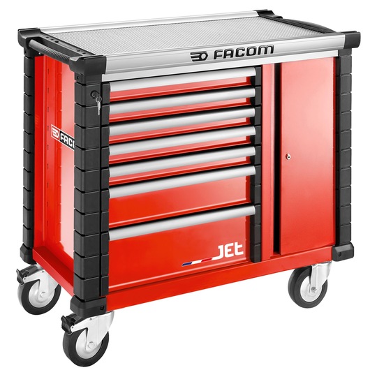 Facom JET.T7M3A red tool trolley with drawers and side cabinet on wheels, front angle, photography.