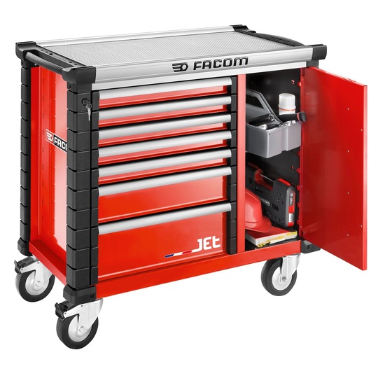 Photo of Facom JET.T7M3A red tool trolley with six drawers, side storage compartment, and caster wheels, angled view.