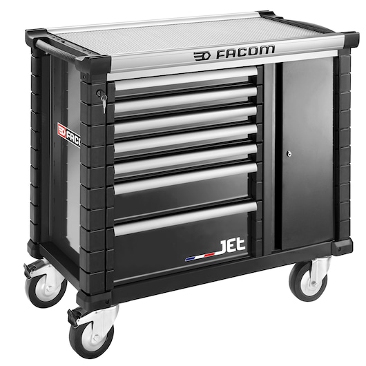 Facom JET.T7NM3A tool cart with drawers and cabinet, black metal, photographed at front angle.
