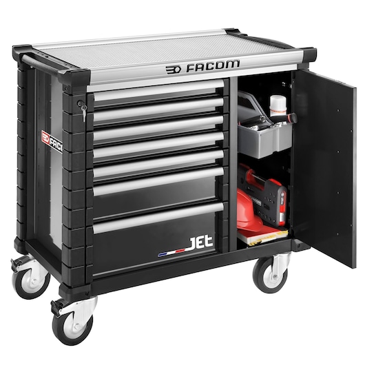 Facom JET.T7NM3A black tool storage cart with drawers and side cabinet, front angle, on white background.