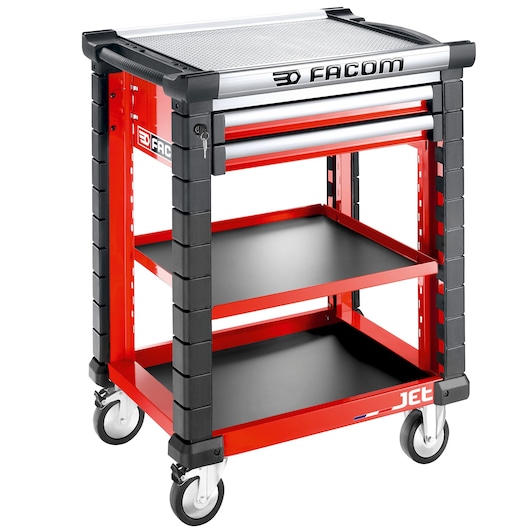 Facom JET.UC3S2DM3A tool cart with one drawer, two shelves, and caster wheels, shown at front angle, white background.
