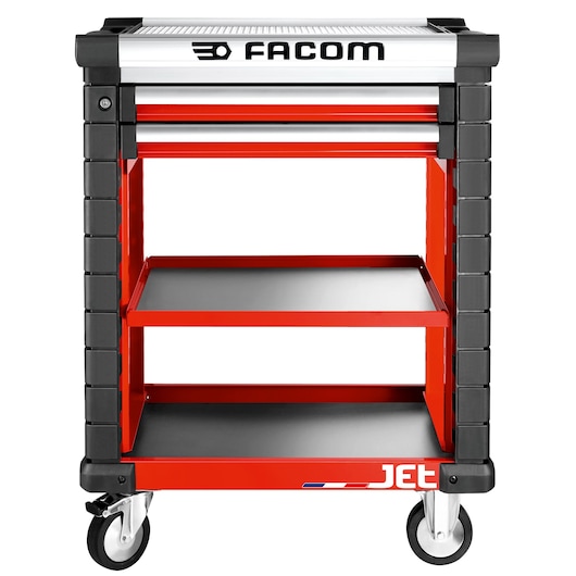 Facom JET.UC3S2DM3A red and black tool trolley with shelves and wheels, front angle, photography