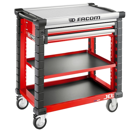 Facom JET.UC3S2DM4A red and black tool trolley with two drawers, two shelves, and four caster wheels, front angle.