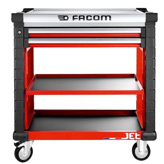 Facom JET.UC3S2DM4A red and black tool trolley with two shelves, one drawer, and four wheels, front view.