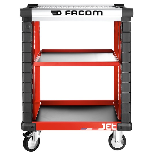 Facom JET.UC3SM3A red and black tool cart with three shelves, front angle, photography product.