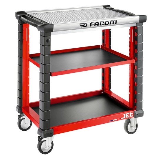 Facom JET.UC3SM4A red and black 3-shelf mobile tool cart with handles, side angle, white background.
