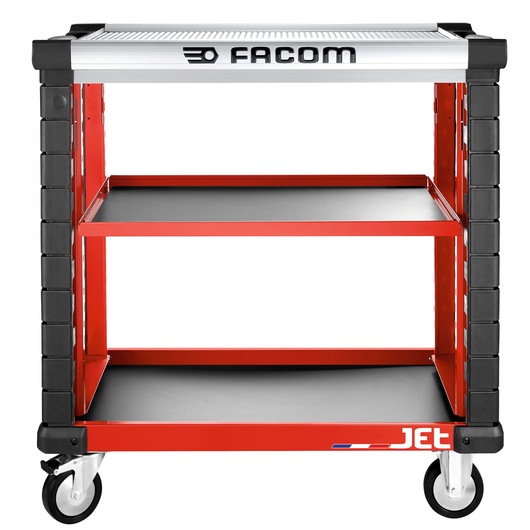 Facom JET.UC3SM4A red utility cart with three shelves, front angle, black and silver accents.
