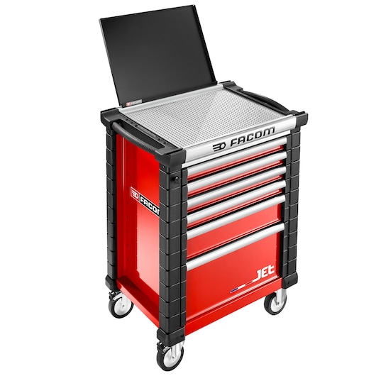 Facom JET.WA12 red tool cabinet with six drawers, open top lid, and four caster wheels, front angle on white.