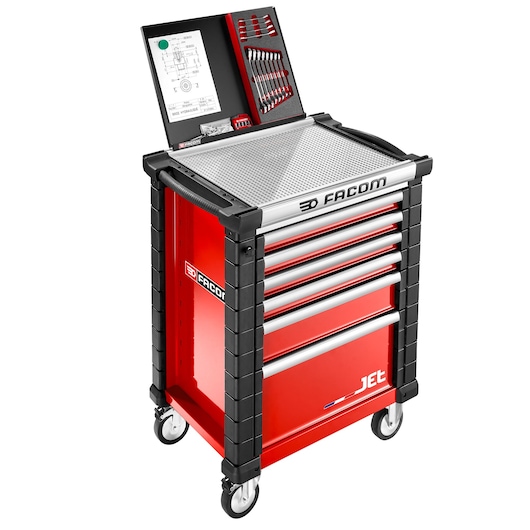 Facom JET.WA12 red tool storage trolley with drawers and flip-top compartment, front angle photo.