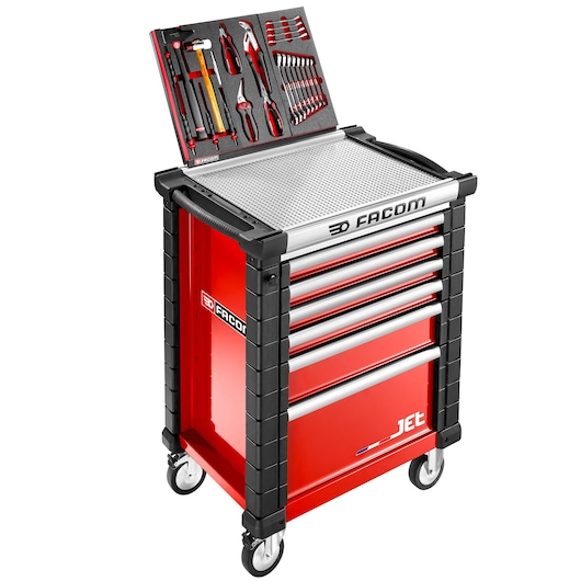 Facom JET.WA12 red tool trolley with drawers and assorted hand tools, front angle, photography on white background.