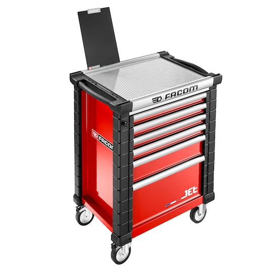 Facom JET.WA13 photography of red tool trolley with six drawers and side clipboard, white background angle.