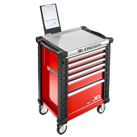 Facom JET.WA13 red tool cabinet with six drawers, wheeled base, and document holder, front angle photo