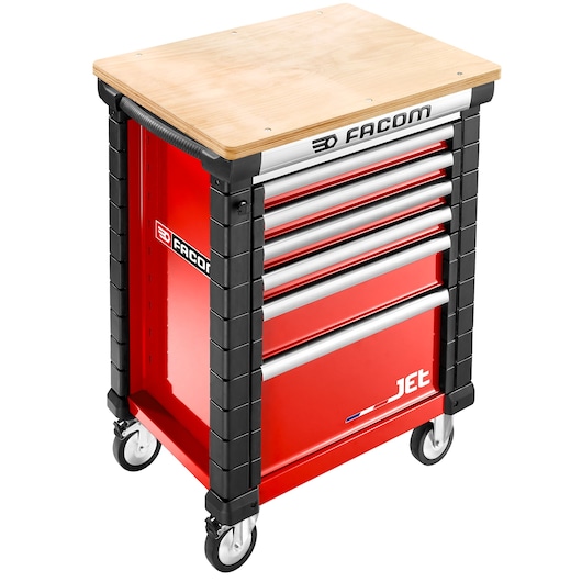 Facom JET.WA14M3 red tool cabinet with five drawers, wooden top, silver handles, on caster wheels, front angle.
