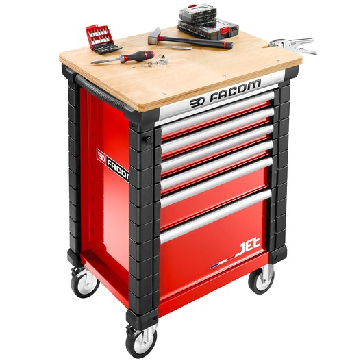 Facom JET.WA14M3 red tool trolley with six drawers, wood top, tools, and accessories, front angle, white background.