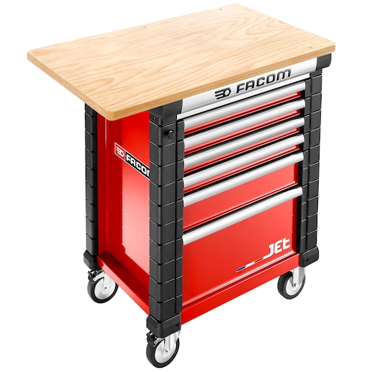 Facom JET.WA14M4 red tool chest with wood top, six drawers, and caster wheels, front angle photo.