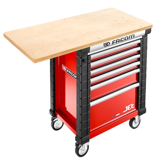 Facom mobile tool chest JET.WA14M5 with wooden worktop, red and black, front angle, photography.