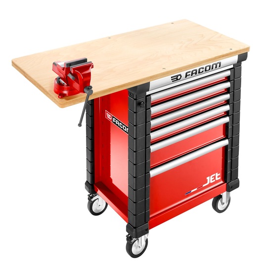Facom JET.WA14M5 red rolling tool cabinet with wood worktop, multiple drawers, vise attached, studio angle.